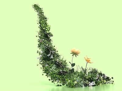 Crescent Shaped Plant Photo Spot With Green Vines Leaves Yellow And White Flowers 3d model