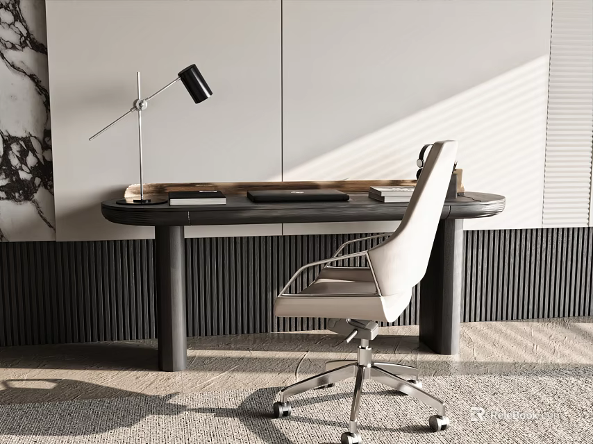 Modern Minimalist Desk With White Office Chair And Black Desk Lamp 3d model 