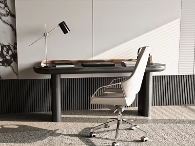Modern Minimalist Desk With White Office Chair And Black Desk Lamp 3d model