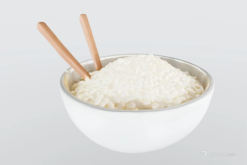 White Bowl Filled With Cooked Rice And Wooden Chopsticks Inside 3d model 