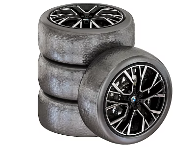 Stacked Car Tires With Black Silver Wheel Rims And Tread Pattern Design 3d model