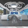 School Modern Tech Inspired Learning Space With Circular Ceiling Design And Blue Decor 3d model