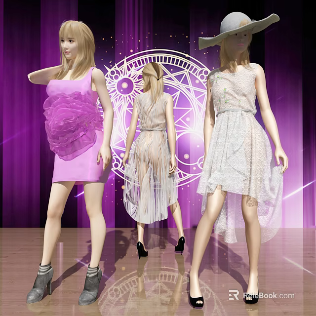 Women Fashion Mannequins Wearing Various Stylish Dresses With Purple Geometric Background 3d model 