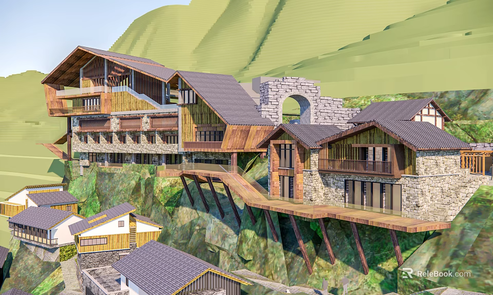 Mountain View Boutique Guesthouse With Wooden Stone Structure And Hillside Design 3d model 
