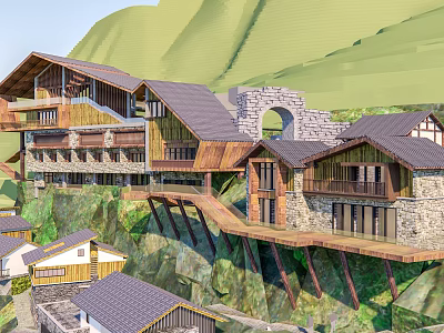 Mountain View Boutique Guesthouse With Wooden Stone Structure And Hillside Design 3d model