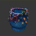 Blue Sculptural Vessel with Gold and Brown Ornate Decorative Elements Textured Surface Artistic Carving Design