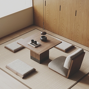 Tatami Tea Table and Chair Sitting Stool Tea Set Carpet 3d model