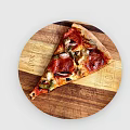 A Delicious Pizza Slice on Wooden Tray with Fresh Toppings and Crust