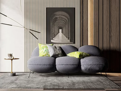 Grey Three Seater Sofa with Green and Grey Cushions Wooden Wall Black and White Painting 3d model