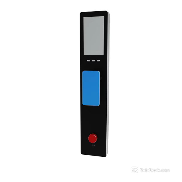 Black Electronic Device With Gray Screen Blue Panel And Red Button 3d model 