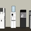 Multiple Styles Of Standing Water Dispensers With White And Black Designs And Blue Water Jug