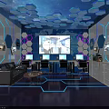 Futuristic Interior Space With Hexagonal Ceiling Blue Purple Lighting And Digital Screens 3d model