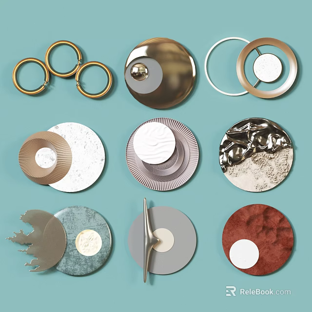 Modern Circular Wall Decorations with Metallic Marble Textured Surfaces and Diverse Patterns 3d model