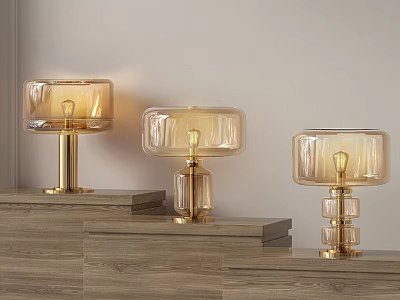 Three Elegant Table Lamps With Glass Shades And Golden Bases On Wooden Steps 3d model