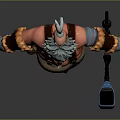 Cartoon Character With Red Skin White Beard Brown Arm Wraps Blue Pants And Blue Lantern