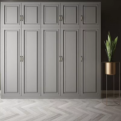 Modern Gray Wardrobe Interior Design With Panel Doors Metal Handles And Potted Plant 3d model