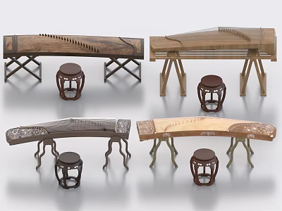Traditional Chinese Guzheng Musical Instruments With Wooden Carved Design And Matching Stools 3d model