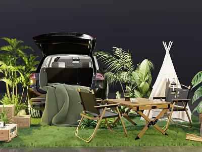 Floral Camping Display With SUV Trunk Green Plants Folding Table Chairs And Tent On Grass 3d model