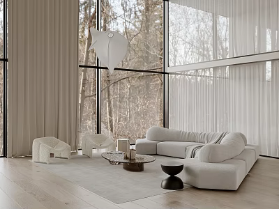 Modern Living Room With Large Windows Trees Outside Light Sofa White Armchairs Rug Coffee Table 3d model