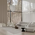 Modern Living Room With Large Windows Trees Outside Light Sofa White Armchairs Rug Coffee Table