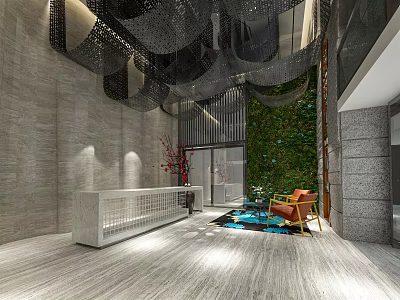 Modern Hotel Lobby Interior With Reception Desk Living Plant Wall And Orange Armchair 3d model