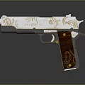 Elegant White Pistol With Intricate Gold Patterns And Polished Wooden Grip Design