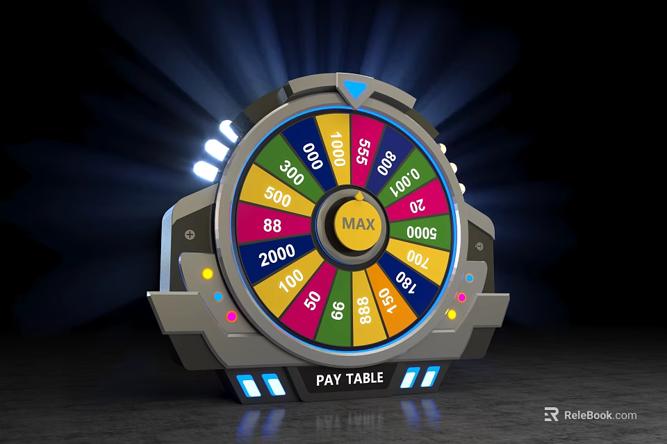 Colorful Casino Wheel Machine With Cash Prizes And Pay Table 3d model 