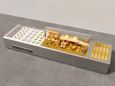 Modern Bakery Display Shelves with Transparent Glass and Neatly Arranged Various Pastries 3d model