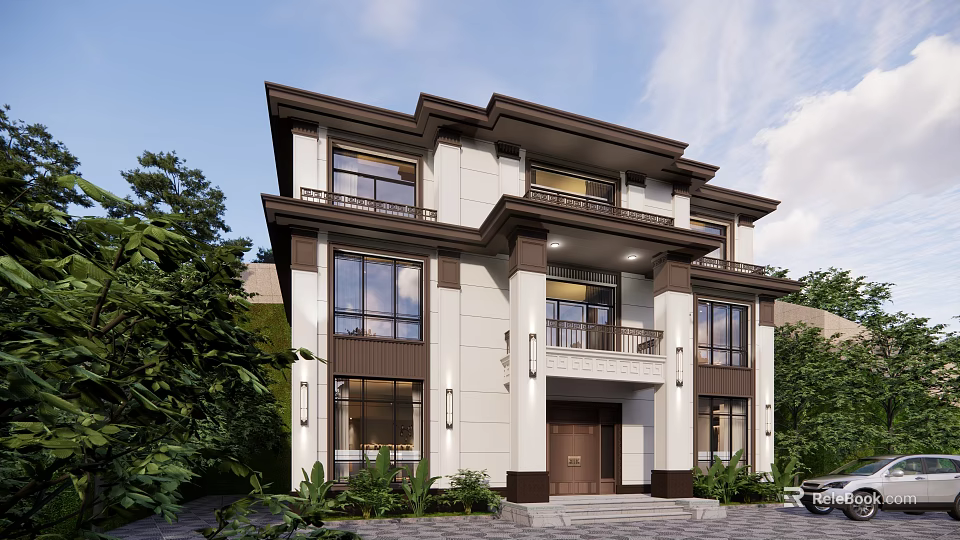 Modern Two Story Detached Villa Architecture With Large Windows Balcony And Surrounding Greenery 3d model 