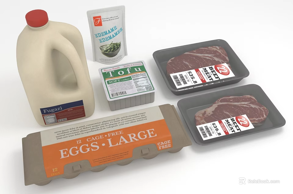 Fresh Essential Food Ingredients Including Milk Spinach Tofu Beef And Eggs 3d model 