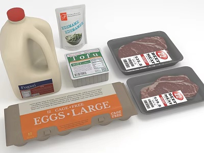 Fresh Essential Food Ingredients Including Milk Spinach Tofu Beef And Eggs 3d model