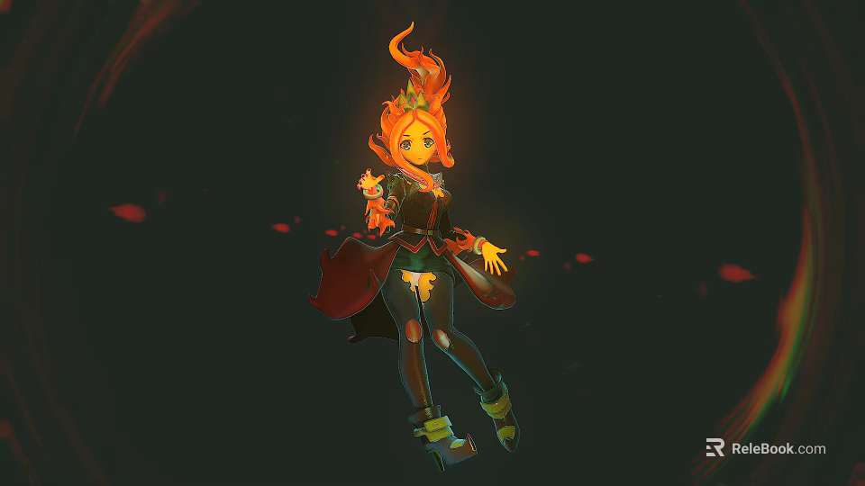 Orange Flame Haired Creature Character In Black Outfit With Red Decorations And Falling Red Petals 3d model 