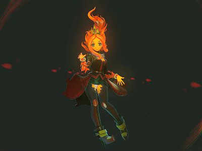 Orange Flame Haired Creature Character In Black Outfit With Red Decorations And Falling Red Petals 3d model