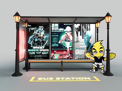 Public Bus Station Shelter With Bench Street Lamps Advertising Billboards And Ground Sign 3d model
