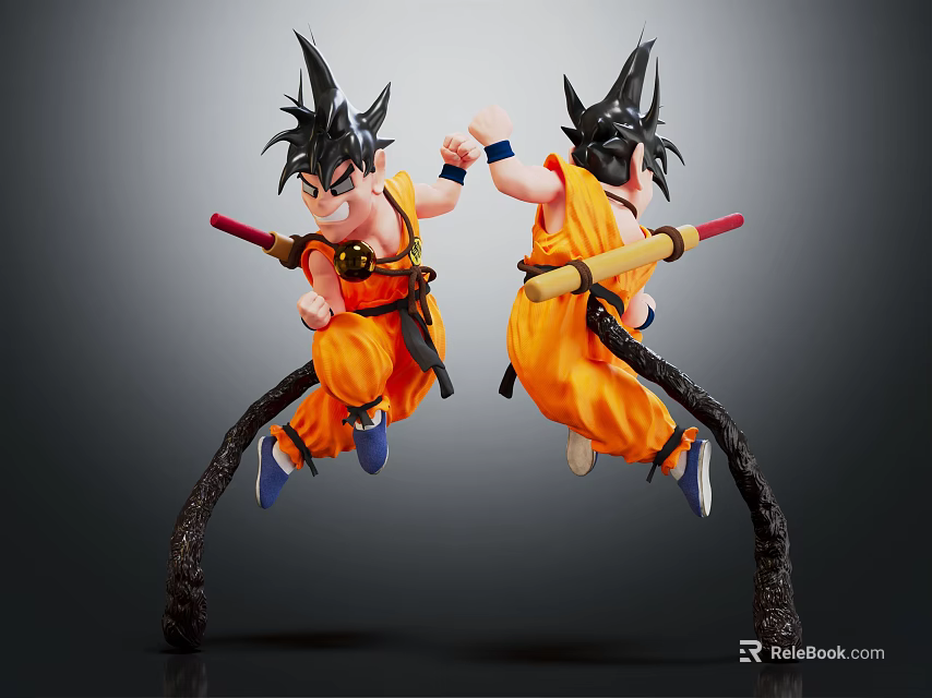 Two Anime Character Statues in Jumping Pose with Orange Clothing Black Hair Holding Red Staff 3d model 