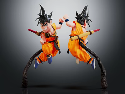 Two Anime Character Statues in Jumping Pose with Orange Clothing Black Hair Holding Red Staff 3d model