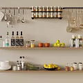 Organized Kitchen Wall With Hanging Utensils Spice Jars And Storage Shelves