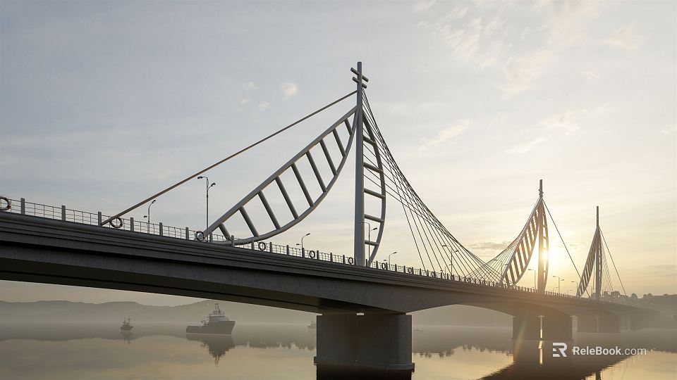 Modern Cable Stayed Bridge Spanning Calm Water With Sunrise Light Clouds Boats And Mist 3d model 
