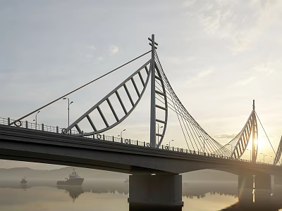 Modern Cable Stayed Bridge Spanning Calm Water With Sunrise Light Clouds Boats And Mist 3d model