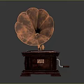 Classic Vintage Gramophone Featuring Copper Horn Carved Wooden Base And Black Turntable