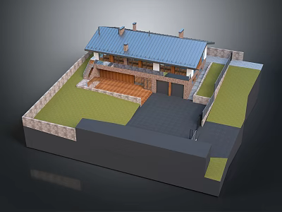 Traditional House Building With Blue Roof Chimneys Stone Fence Wooden Terrace And Green Lawn 3d model