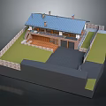 Traditional House Building With Blue Roof Chimneys Stone Fence Wooden Terrace And Green Lawn