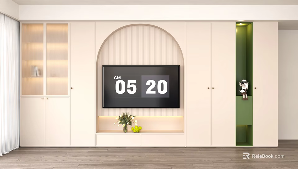 Cream Tone Modern Living Room With Arched TV Wall And Built In Storage Cabinets 3d model 