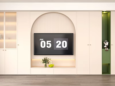 Cream Tone Modern Living Room With Arched TV Wall And Built In Storage Cabinets 3d model
