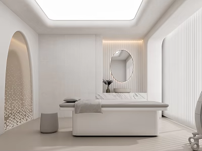 Modern SPA Room With White Tones Round Mirror And Massage Bed 3d model