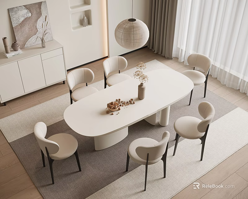 Modern Restaurant Interior With Oval Dining Table Beige Chairs And Pendant Light Decorations 3d model 