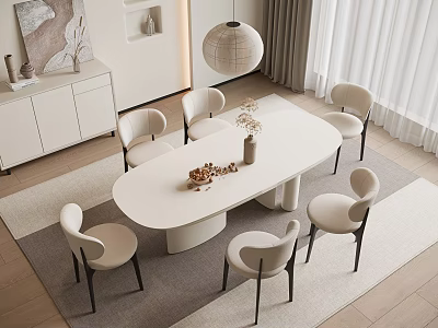 Modern Restaurant Interior With Oval Dining Table Beige Chairs And Pendant Light Decorations 3d model