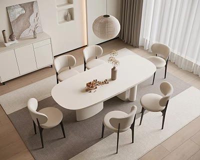 Modern Restaurant Interior With Oval Dining Table Beige Chairs And Pendant Light Decorations 3d model
