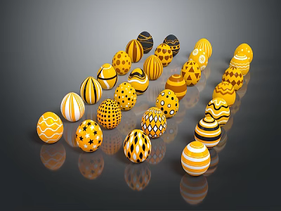 Decorative Ornament Set with Yellow and Black Spheres Various Patterns Glossy Finish on Black Background 3d model
