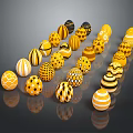 Decorative Ornament Set with Yellow and Black Spheres Various Patterns Glossy Finish on Black Background